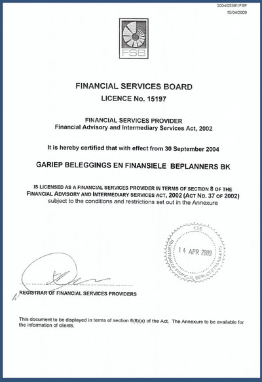 Gariep FSP License